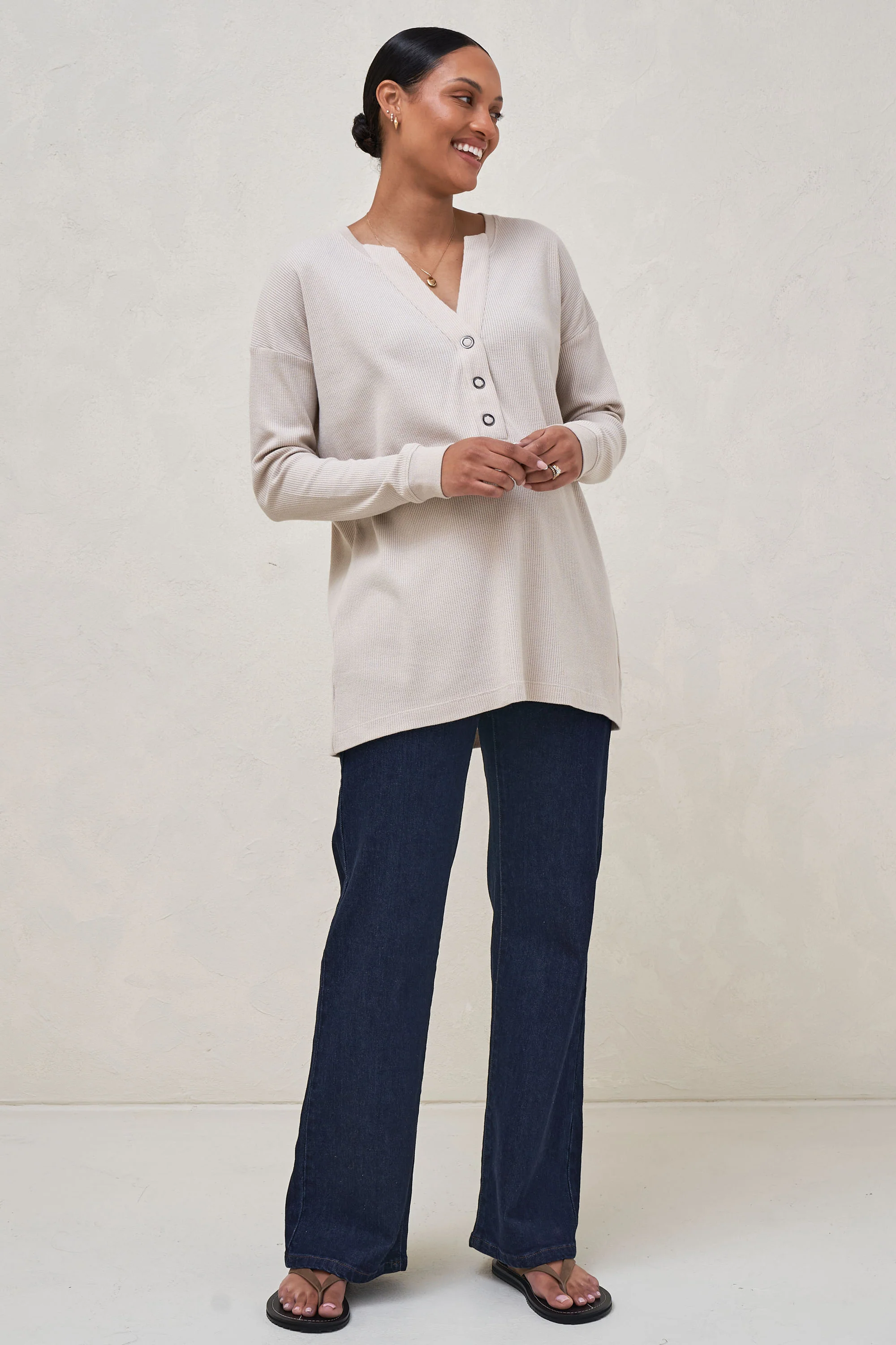 All For Us Waffle Henley - Stone - Image 5