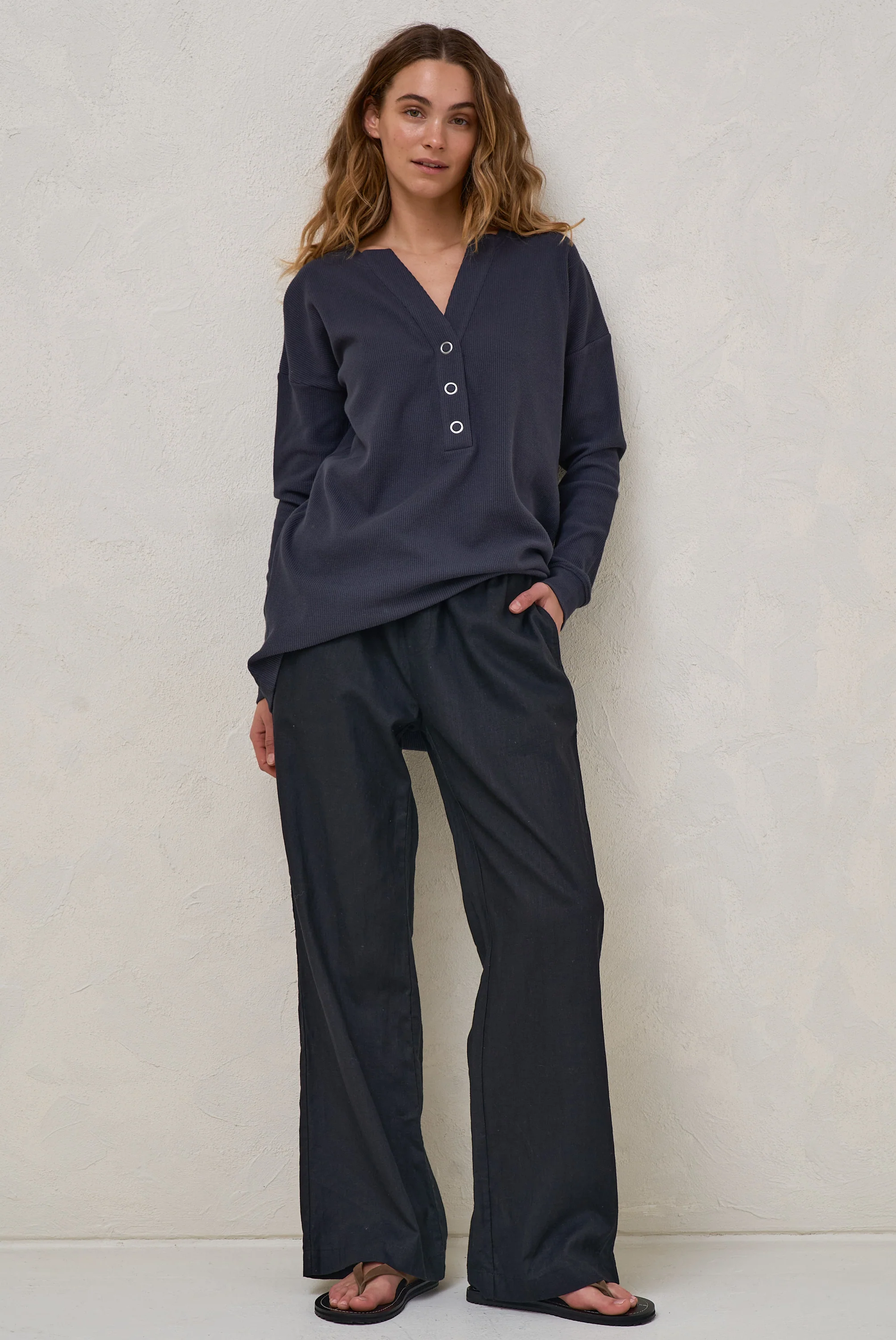 All For Us Waffle Henley - Slate - Image 6